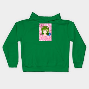 Manga girl with blue bird Kids Hoodie